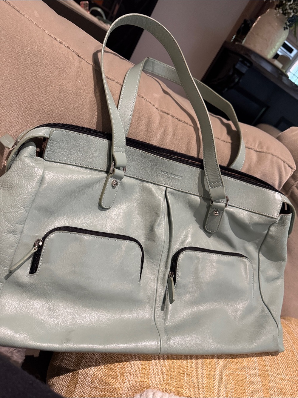 Jack Georges Voyager seafoam green Buffalo Leather Shopper Tote Bag laptop city